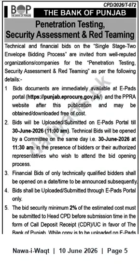 Newspaper clipping: The Bank of Punjab Tender: Penetration Testing, Security Assessment & Red Teaming (CPD/2026/T-072), Nawa-i-Waqt, 10 Jun 2026