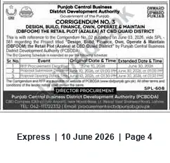 Newspaper clipping: Corrigendum No.3 — DBFOM Retail Plot (Azalea) at CBD Quaid District by PCBDDA, Express, 10 Jun 2026