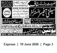 Newspaper clipping: TOSH & NEBOSH Safety Courses — Training Centre at 1/C-83 Block C, Express, 10 Jun 2026
