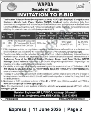 Newspaper clipping: WAPDA Jinnah Hydel Power Station — Invitation to E-Bid for Removal of Sludge/Silt & GI Sheet Work (Closing 2026-07-02), Express, 11 Jun 2026