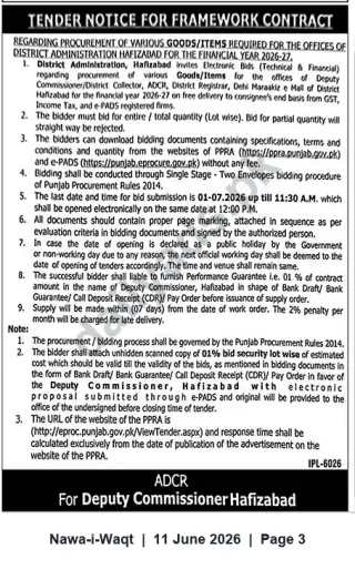 Newspaper clipping: Tender: Framework Contract for Supply of Various Goods — District Administration Hafizabad (FY 2026-27), Nawa-i-Waqt, 11 Jun 2026