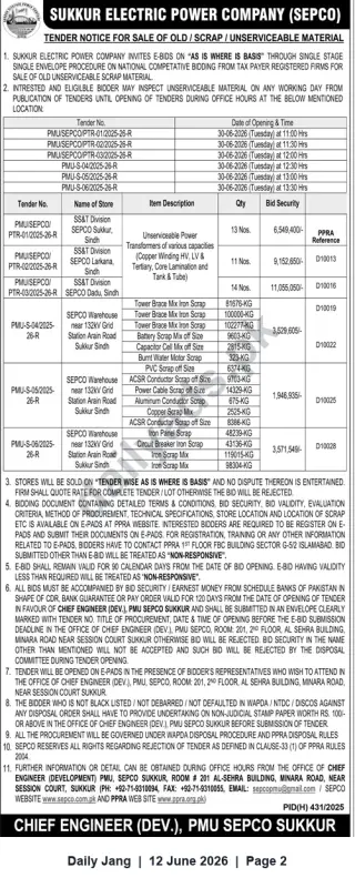 Newspaper clipping: SEPCO Tender Notice: Sale of Old / Scrap / Unserviceable Material — E-Bids Closing 2026-06-30, Jang, 12 Jun 2026