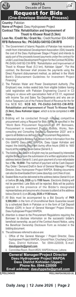 Newspaper clipping: WAPDA Request for Bids – Rehabilitation & Improvement of Thooti to Khwar Road (5.3 km), Dasu HPP, Jang, 12 Jun 2026