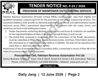 Newspaper clipping: PRAL Tender P-24/2026 — Provision of Manpower Outsourcing Services (Islamabad), Jang, 12 Jun 2026