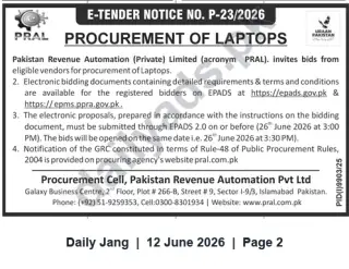 Newspaper clipping: E-Tender P-23/2026 — Procurement of Laptops by Pakistan Revenue Automation (PRAL), Jang, 12 Jun 2026
