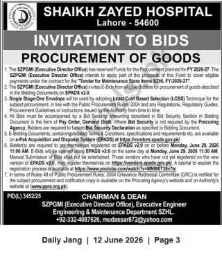 Newspaper clipping: Shaikh Zayed Hospital Lahore — Invitation to E-Bids for Maintenance Store Items (FY 2026-27) — Closing 29 June 2026, Jang, 12 Jun 2026