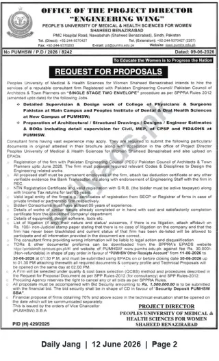 Newspaper clipping: RFP: Consultancy for Design & Supervision of CPSP College and Dental Institute — PUMHSW Shaheed Benazirabad, Jang, 12 Jun 2026
