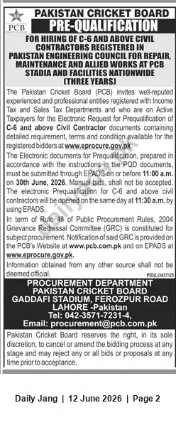 Newspaper clipping: PCB Pre-Qualification: C-6 & Above Civil Contractors for Nationwide Repair & Maintenance (3 Years), Jang, 12 Jun 2026