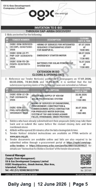 Newspaper clipping: OGDCL Invitation to E-Bid — Services, Equipment & Solar Supply Tenders, Jang, 12 Jun 2026