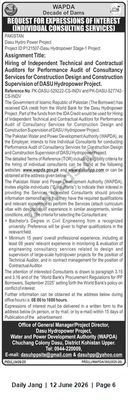 Newspaper clipping: WAPDA EOI: Independent Technical & Contractual Auditors for Dasu Hydropower Project, Jang, 12 Jun 2026