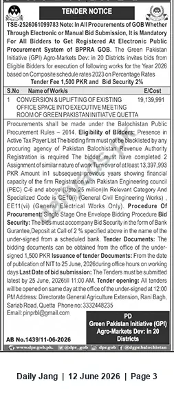 Newspaper clipping: Tender: Conversion & Uplifting of Office Space into Executive Meeting Room — GPI Quetta, Jang, 12 Jun 2026