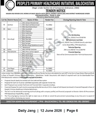 Newspaper clipping: PPHI Balochistan Tender: Major & Minor Civil Works for BHUs, District Offices & Warehouses (Phase IV, 2026), Jang, 12 Jun 2026