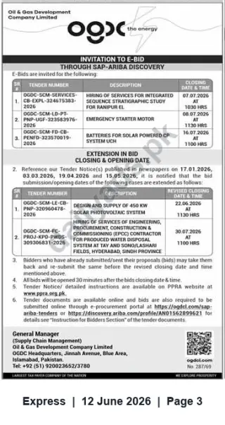 Newspaper clipping: OGDCL Invitation to E-Bid: Multiple Tenders for Services, Equipment and Solar Projects (Submit via SAP-Ariba), Express, 12 Jun 2026