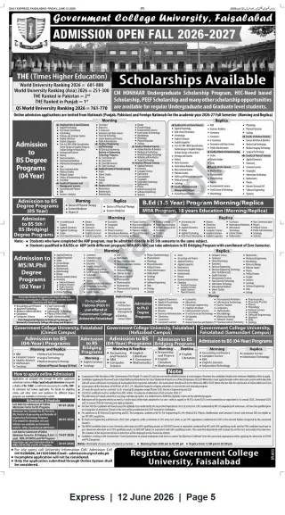 Newspaper clipping: Government College University Faisalabad — Admissions Open Fall 2026-2027 (BS, MS/MPhil, PhD, B.Ed, MBA), Express, 12 Jun 2026