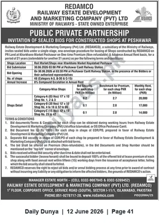 Newspaper clipping: REDAMCO Invitation for Sealed Bids — Constructed Shops at Rail Market (Kharkhano), Hayatabad, Peshawar, Dunya, 12 Jun 2026