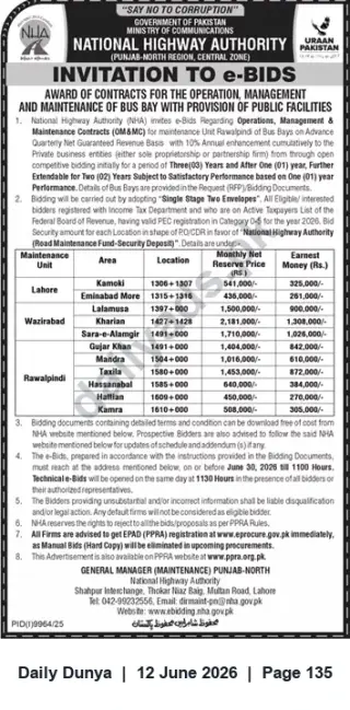 Newspaper clipping: NHA Invitation to e-Bids — Operation, Management & Maintenance of Bus Bays (Punjab-North), Dunya, 12 Jun 2026