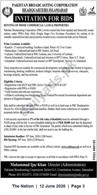 Newspaper clipping: PBC Invitation for Bids — Renting of Prime Commercial Land & Properties (Islamabad & Multiple Cities), The Nation, 12 Jun 2026
