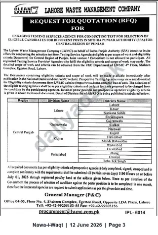 Newspaper clipping: LWMC RFQ: Testing Services Agencies for Recruitment Tests — Central Punjab (SPA), Nawa-i-Waqt, 12 Jun 2026