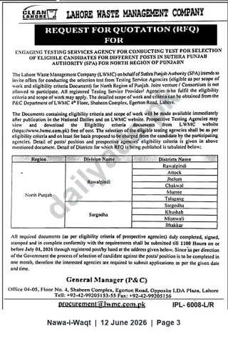 Newspaper clipping: LWMC RFQ — Testing Services Agencies for Candidate Selection (North Punjab, SPA), Nawa-i-Waqt, 12 Jun 2026