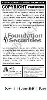 Newspaper clipping: Copyright Registration Notice: "FOUNDATION SECURITIES" Logo, Dawn, 13 Jun 2026