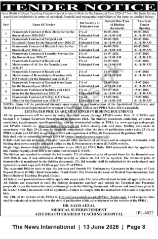 Newspaper clipping: Aziz Bhatti Shaheed Teaching Hospital Gujrat — E-Tenders for Framework Contracts FY 2026-27, The News International, 13 Jun 2026