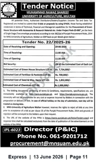 Newspaper clipping: Tender No. 22/2025-26 – Procurement of Greenhouse Structure & Research Materials | MNS University of Agriculture Multan, Express, 13 Jun 2026