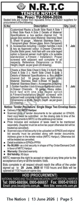 Newspaper clipping: N.R.T.C. Haripur Tender TU-5064-2026 for Supply of Customized Racks & Side Racks, The Nation, 13 Jun 2026