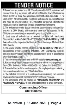 Newspaper clipping: CMH Skardu Tender: Supply of Final NA Medicines, Disposables & Lab Kits FY 2026-2027, The Nation, 13 Jun 2026