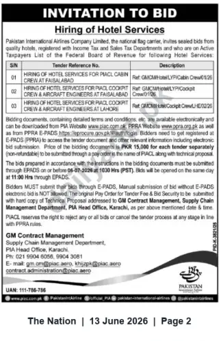 Newspaper clipping: PIA Invitation to Bid — Hiring Hotel Services for Cabin & Cockpit Crew (Faisalabad, Lahore), The Nation, 13 Jun 2026