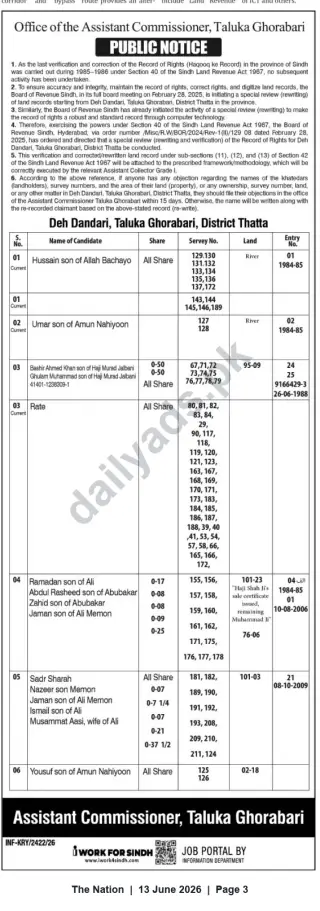Newspaper clipping: Public Notice — Special Re-verification of Record of Rights (Deh Dandari, Taluka Ghorabari, District Thatta), The Nation, 13 Jun 2026
