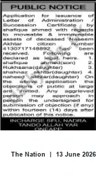 Newspaper clipping: Application for Issuance of Succession Certificate — Naseem Akhtar (deceased), The Nation, 13 Jun 2026