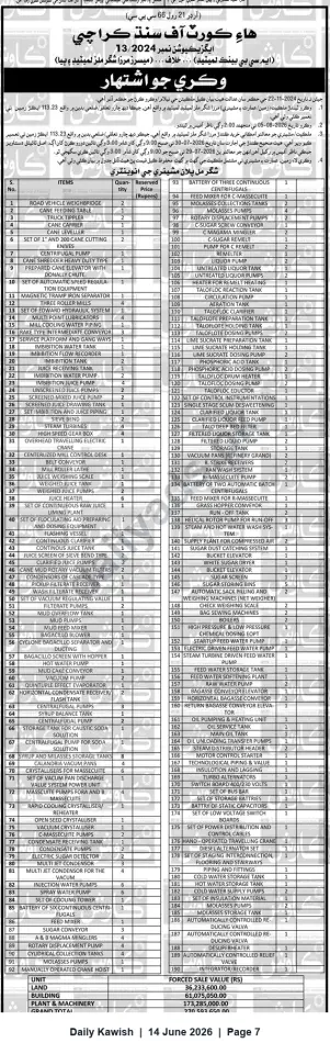 Newspaper clipping: High Court of Sindh (Execution No.13/2024) — Forced Sale Auction of Land, Building & Sugar Mill Plant & Machinery, Daily Kawish, 14 Jun 2026