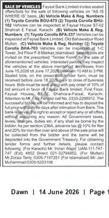 Newspaper clipping: Faysal Bank Limited — Sealed Tender for Sale of Vehicles (AS IS WHERE IS), Dawn, 14 Jun 2026