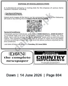 Newspaper clipping: Multinational Company Invites Bids for Disposal of Miscellaneous Items in Karachi, Dawn, 14 Jun 2026
