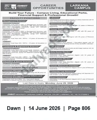 Newspaper clipping: Starist University Larkana Campus — Faculty & Staff Vacancies (Apply by 2026-06-29), Dawn, 14 Jun 2026