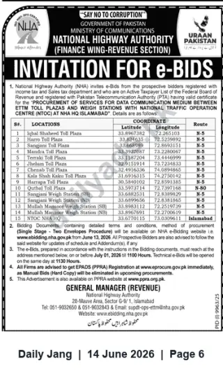 Newspaper clipping: NHA Invitation for e-Bids – Data Communication Services for Toll Plazas & Weigh Stations, Jang, 14 Jun 2026