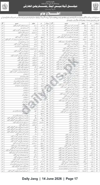 Newspaper clipping: NADRA Public Notice (Islamabad) — List of 129 Individuals; 15-Day Objection Period, Jang, 14 Jun 2026