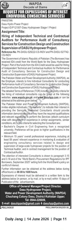 Newspaper clipping: WAPDA Dasu Hydropower Project — EOI for Independent Technical & Contractual Auditors (Performance Audit), Jang, 14 Jun 2026