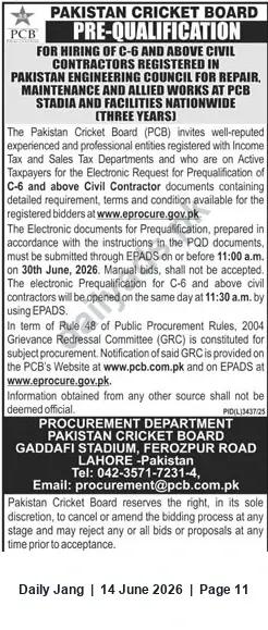 Newspaper clipping: PCB Pre-Qualification: C-6 & Above Civil Contractors for Stadium Repair, Maintenance & Allied Works, Jang, 14 Jun 2026