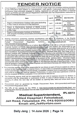 Newspaper clipping: Allied Hospital-I Faisalabad Tender for Repair & Maintenance Contracts (e-Bids), Jang, 14 Jun 2026