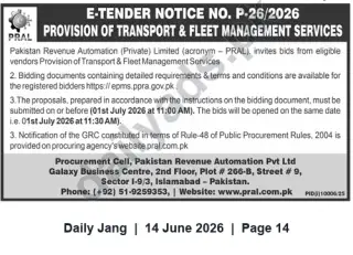 Newspaper clipping: E-Tender P-26/2026 — Provision of Transport & Fleet Management Services (PRAL), Jang, 14 Jun 2026
