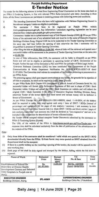 Newspaper clipping: Punjab Building Department E-Tender — Establishment of Midwifery School at Jhang (Bid Closes 2026-06-29), Jang, 14 Jun 2026