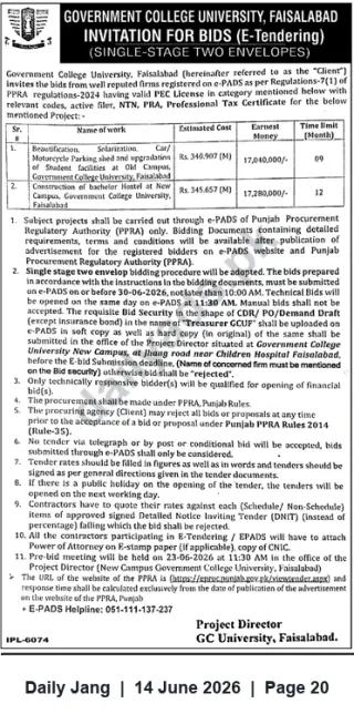 Newspaper clipping: GCUF E-Tenders: Beautification & Solarization Works and New Bachelor Hostel Construction, Jang, 14 Jun 2026