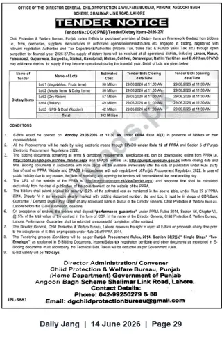 Newspaper clipping: Tender: Framework Supply of Dietary Items (Vegetables, Meat, Dry Ration, Bakery, LPG) — Child Protection & Welfare Bureau Punjab, Jang, 14 Jun 2026