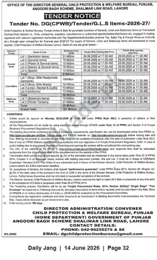 Newspaper clipping: Tender: Supply of General, Linen & Stationery Items — Child Protection & Welfare Bureau, Punjab (Tender No. DG(CPWB)/Tender/G.L.S Items-2026-27/), Jang, 14 Jun 2026