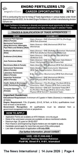 Newspaper clipping: Engro Fertilizers Ltd — Trade Apprenticeships (Daharki) via NTS, The News International, 14 Jun 2026