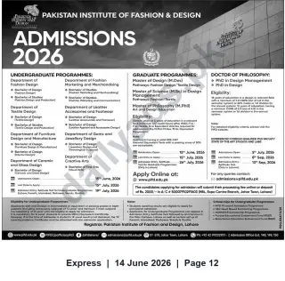 Newspaper clipping: PIFD Admissions 2026 — Undergraduate, Graduate & PhD Programs (Lahore), Express, 14 Jun 2026