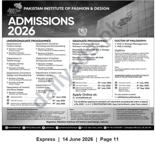 Newspaper clipping: Admissions 2026 — Pakistan Institute of Fashion & Design (PIFD), Lahore, Express, 14 Jun 2026