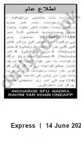 Newspaper clipping: Public Notice — Incharge SFU, NADRA Rahim Yar Khan (OneApp), Express, 14 Jun 2026