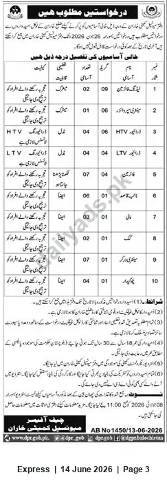 Newspaper clipping: Government Jobs – Multiple Support Staff Vacancies (Drivers, Mali, Naib Qasid, Chowkidar), Express, 14 Jun 2026